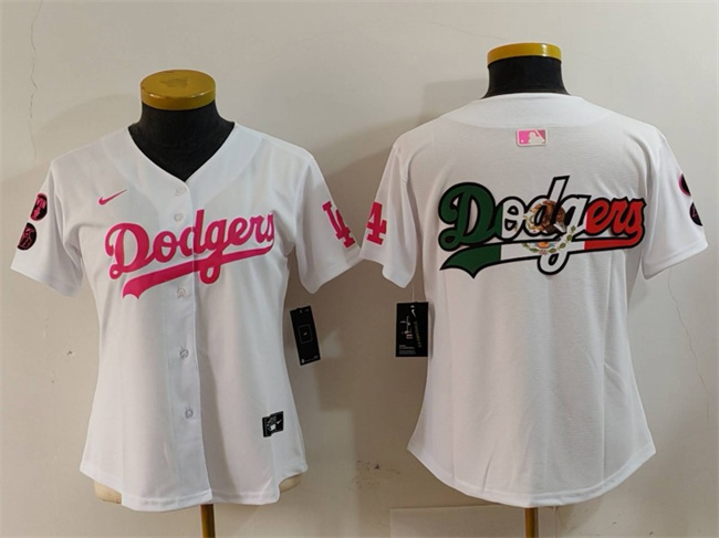 Youth Los Angeles Dodgers Team Big Logo White/Pink Vin & Kobe Patch Stitched Baseball Jersey